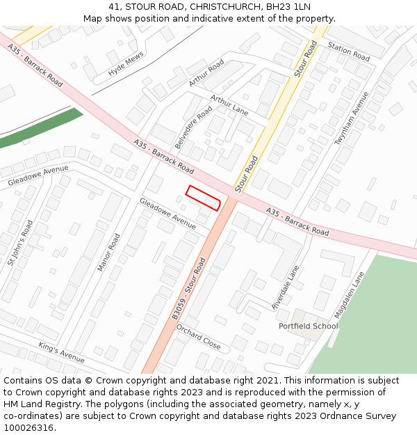 41, STOUR ROAD, CHRISTCHURCH, BH23 1LN: Location map and indicative extent of plot