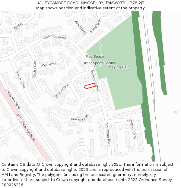 41, SYCAMORE ROAD, KINGSBURY, TAMWORTH, B78 2JB: Location map and indicative extent of plot