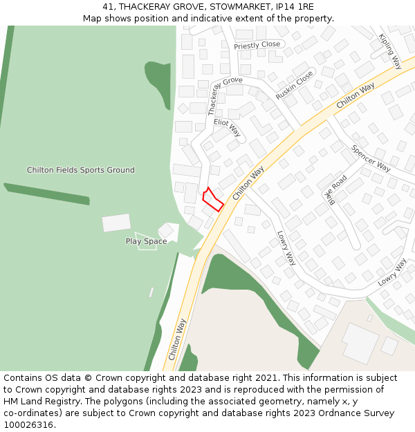 41, THACKERAY GROVE, STOWMARKET, IP14 1RE: Location map and indicative extent of plot