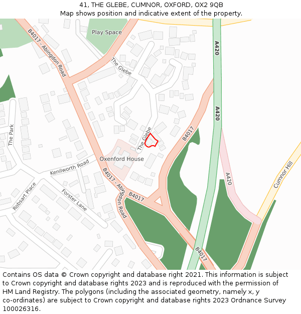 41, THE GLEBE, CUMNOR, OXFORD, OX2 9QB: Location map and indicative extent of plot