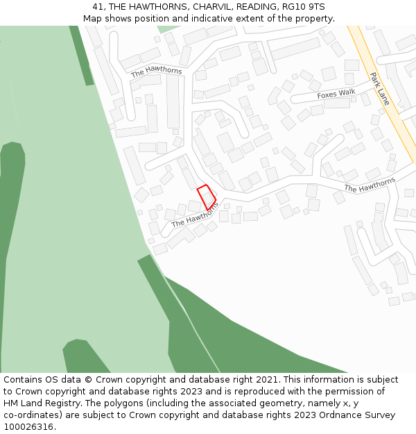 41, THE HAWTHORNS, CHARVIL, READING, RG10 9TS: Location map and indicative extent of plot