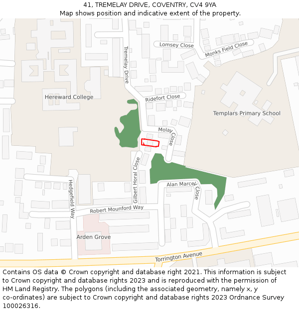 41, TREMELAY DRIVE, COVENTRY, CV4 9YA: Location map and indicative extent of plot