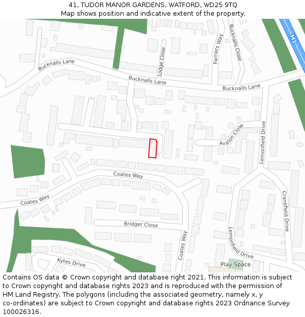 41, TUDOR MANOR GARDENS, WATFORD, WD25 9TQ: Location map and indicative extent of plot