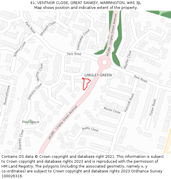 41, VENTNOR CLOSE, GREAT SANKEY, WARRINGTON, WA5 3JL: Location map and indicative extent of plot