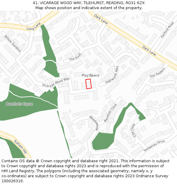 41, VICARAGE WOOD WAY, TILEHURST, READING, RG31 6ZX: Location map and indicative extent of plot