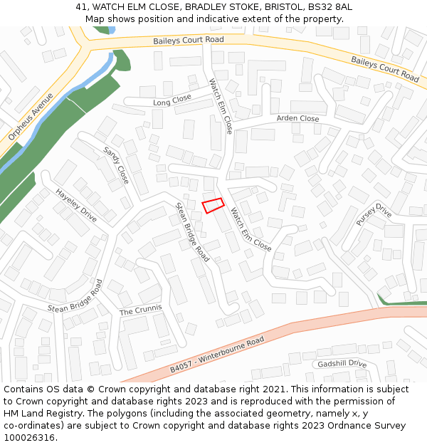 41, WATCH ELM CLOSE, BRADLEY STOKE, BRISTOL, BS32 8AL: Location map and indicative extent of plot