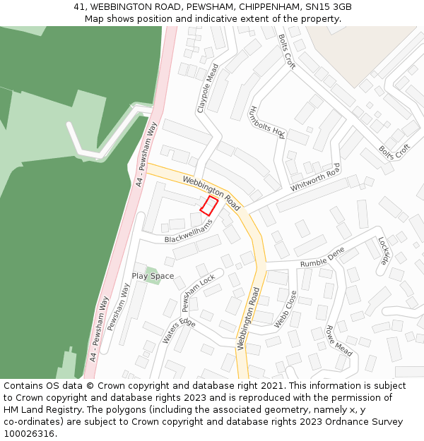 41, WEBBINGTON ROAD, PEWSHAM, CHIPPENHAM, SN15 3GB: Location map and indicative extent of plot