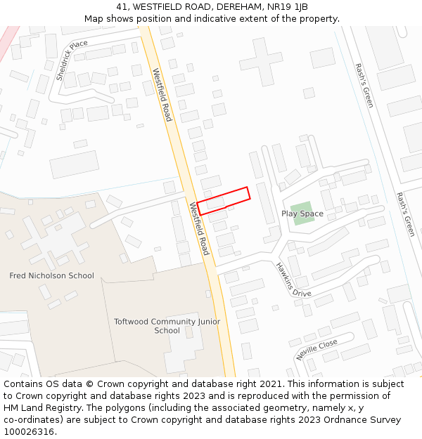 41, WESTFIELD ROAD, DEREHAM, NR19 1JB: Location map and indicative extent of plot