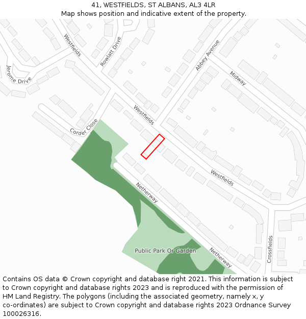 41, WESTFIELDS, ST ALBANS, AL3 4LR: Location map and indicative extent of plot