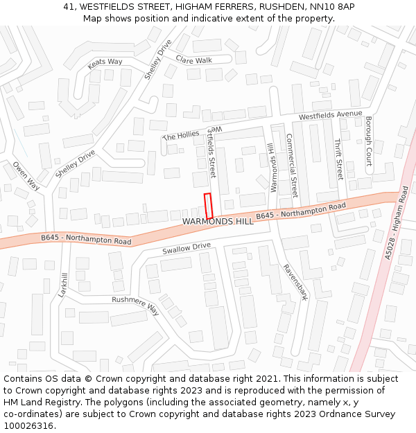 41, WESTFIELDS STREET, HIGHAM FERRERS, RUSHDEN, NN10 8AP: Location map and indicative extent of plot