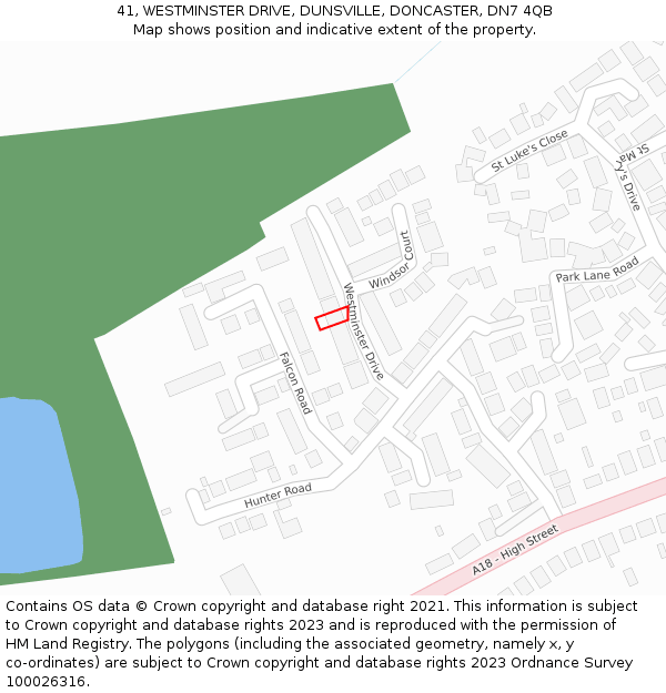 41, WESTMINSTER DRIVE, DUNSVILLE, DONCASTER, DN7 4QB: Location map and indicative extent of plot