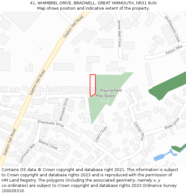 41, WHIMBREL DRIVE, BRADWELL, GREAT YARMOUTH, NR31 9UN: Location map and indicative extent of plot