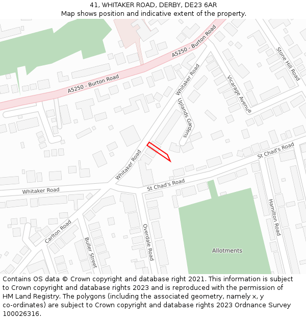 41, WHITAKER ROAD, DERBY, DE23 6AR: Location map and indicative extent of plot