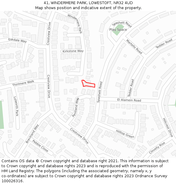 41, WINDERMERE PARK, LOWESTOFT, NR32 4UD: Location map and indicative extent of plot