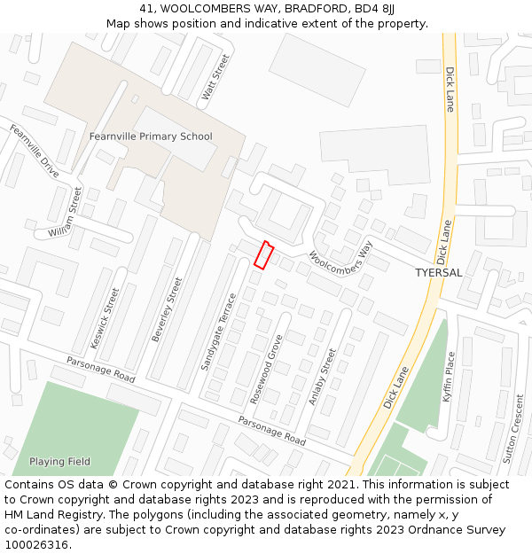 41, WOOLCOMBERS WAY, BRADFORD, BD4 8JJ: Location map and indicative extent of plot