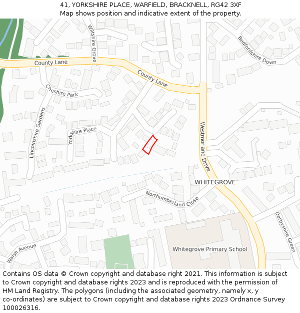 41, YORKSHIRE PLACE, WARFIELD, BRACKNELL, RG42 3XF: Location map and indicative extent of plot