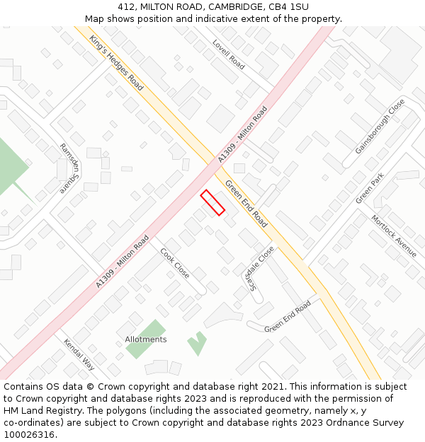 412, MILTON ROAD, CAMBRIDGE, CB4 1SU: Location map and indicative extent of plot