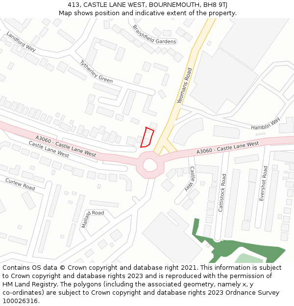 413, CASTLE LANE WEST, BOURNEMOUTH, BH8 9TJ: Location map and indicative extent of plot