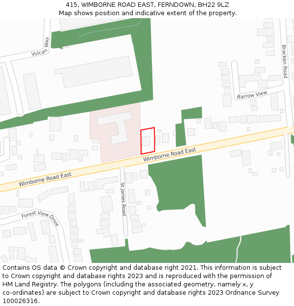 415, WIMBORNE ROAD EAST, FERNDOWN, BH22 9LZ: Location map and indicative extent of plot