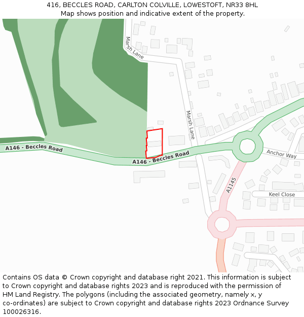 416, BECCLES ROAD, CARLTON COLVILLE, LOWESTOFT, NR33 8HL: Location map and indicative extent of plot