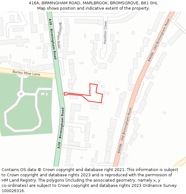 416A, BIRMINGHAM ROAD, MARLBROOK, BROMSGROVE, B61 0HL: Location map and indicative extent of plot