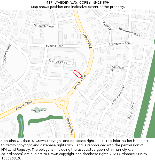 417, LYVEDEN WAY, CORBY, NN18 8PH: Location map and indicative extent of plot