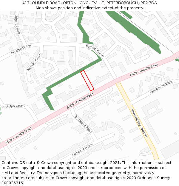 417, OUNDLE ROAD, ORTON LONGUEVILLE, PETERBOROUGH, PE2 7DA: Location map and indicative extent of plot