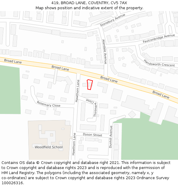 419, BROAD LANE, COVENTRY, CV5 7AX: Location map and indicative extent of plot