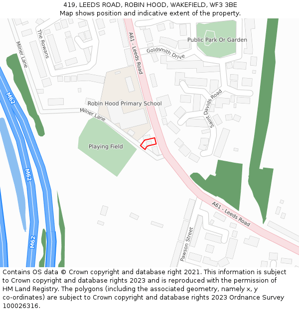 419, LEEDS ROAD, ROBIN HOOD, WAKEFIELD, WF3 3BE: Location map and indicative extent of plot