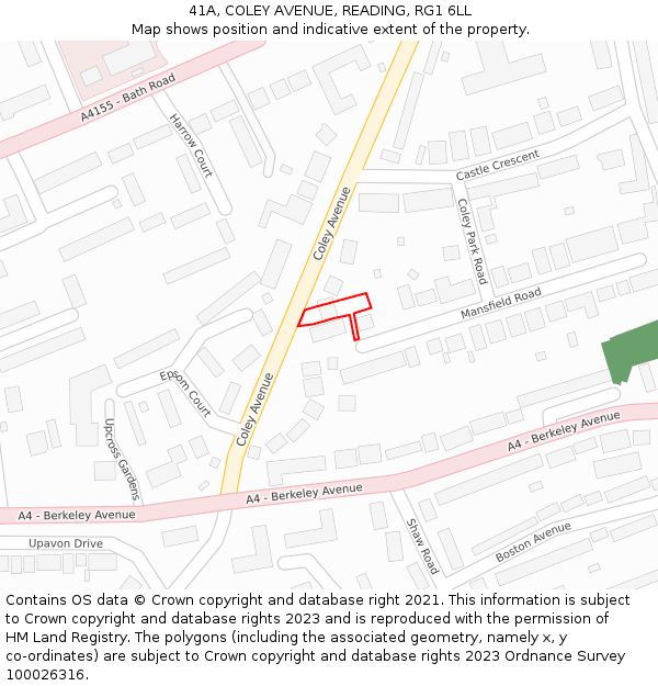 41A, COLEY AVENUE, READING, RG1 6LL: Location map and indicative extent of plot