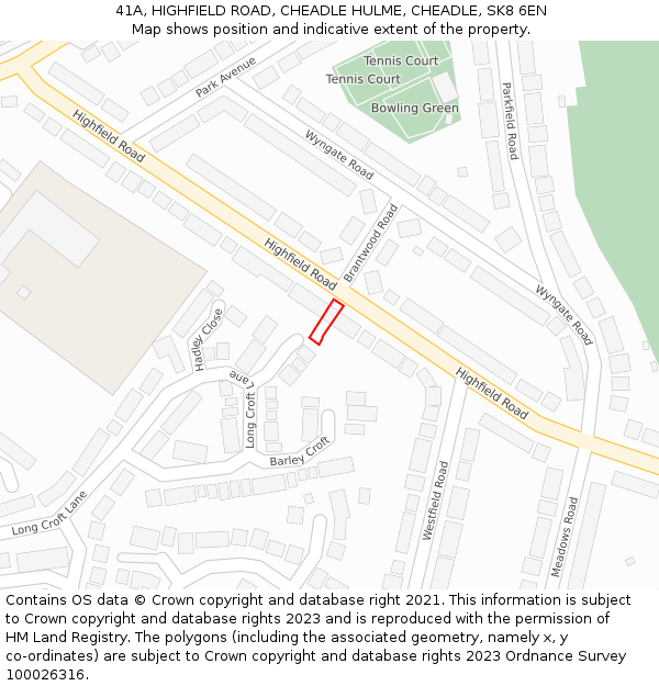 41A, HIGHFIELD ROAD, CHEADLE HULME, CHEADLE, SK8 6EN: Location map and indicative extent of plot