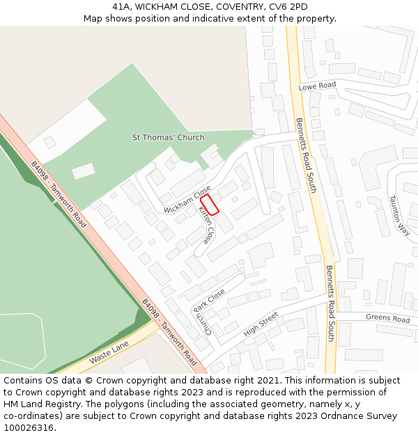 41A, WICKHAM CLOSE, COVENTRY, CV6 2PD: Location map and indicative extent of plot