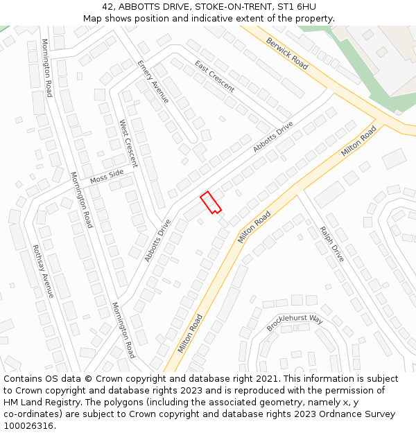 42, ABBOTTS DRIVE, STOKE-ON-TRENT, ST1 6HU: Location map and indicative extent of plot