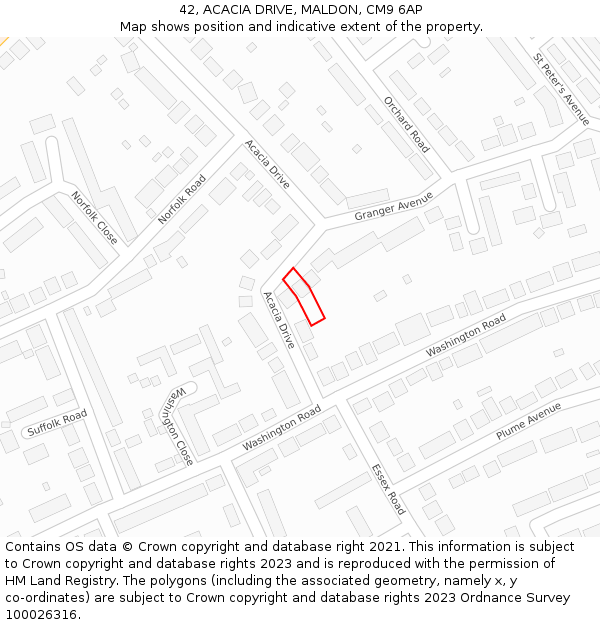 42, ACACIA DRIVE, MALDON, CM9 6AP: Location map and indicative extent of plot