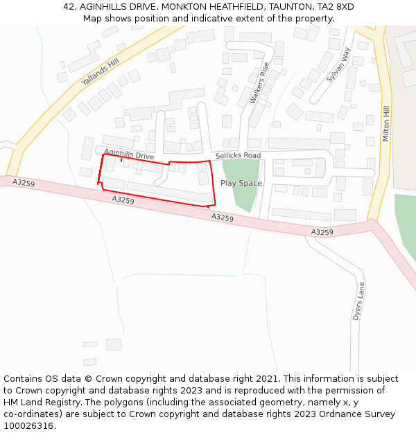 42, AGINHILLS DRIVE, MONKTON HEATHFIELD, TAUNTON, TA2 8XD: Location map and indicative extent of plot