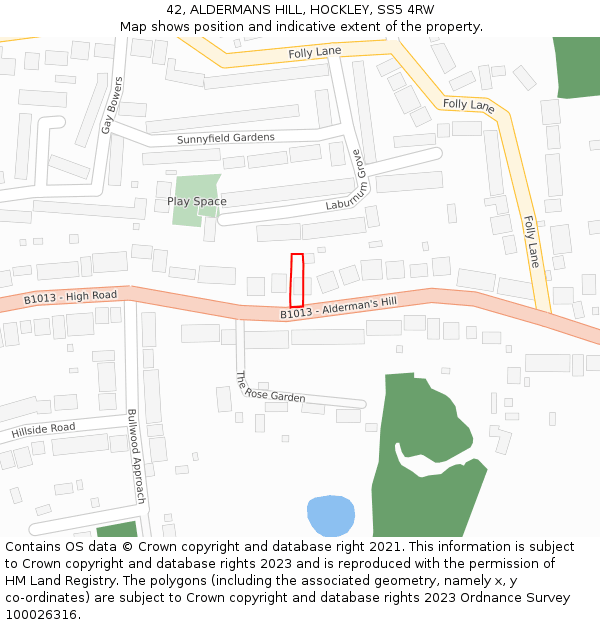 42, ALDERMANS HILL, HOCKLEY, SS5 4RW: Location map and indicative extent of plot