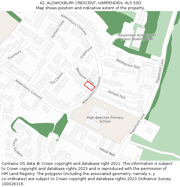 42, ALDWICKBURY CRESCENT, HARPENDEN, AL5 5SD: Location map and indicative extent of plot