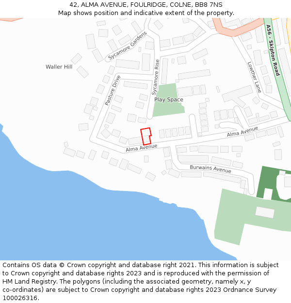 42, ALMA AVENUE, FOULRIDGE, COLNE, BB8 7NS: Location map and indicative extent of plot