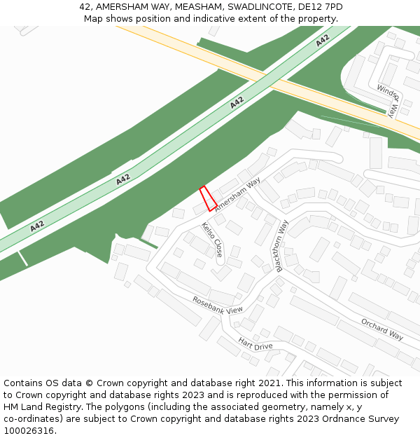 42, AMERSHAM WAY, MEASHAM, SWADLINCOTE, DE12 7PD: Location map and indicative extent of plot