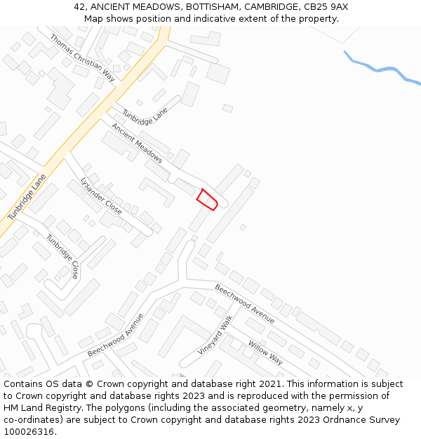 42, ANCIENT MEADOWS, BOTTISHAM, CAMBRIDGE, CB25 9AX: Location map and indicative extent of plot