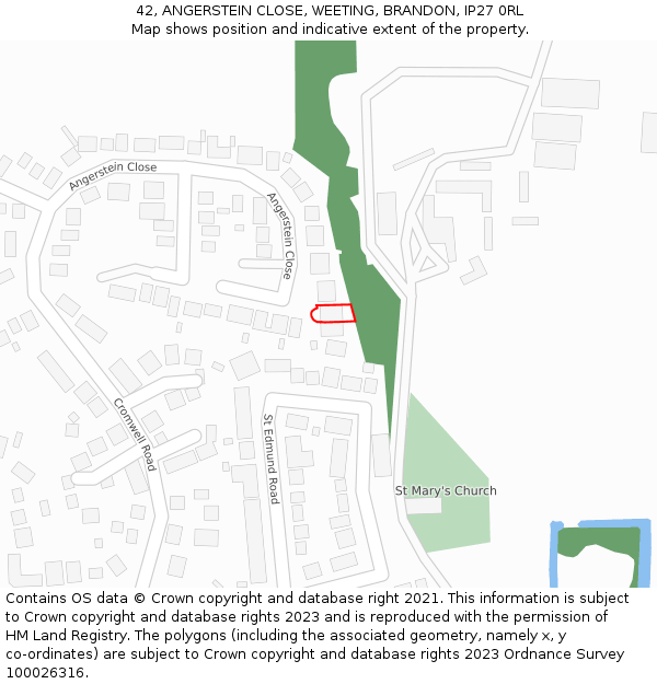 42, ANGERSTEIN CLOSE, WEETING, BRANDON, IP27 0RL: Location map and indicative extent of plot
