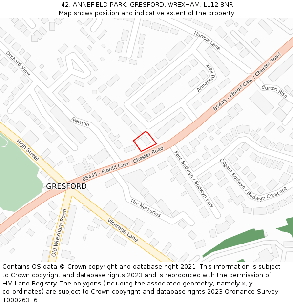 42, ANNEFIELD PARK, GRESFORD, WREXHAM, LL12 8NR: Location map and indicative extent of plot