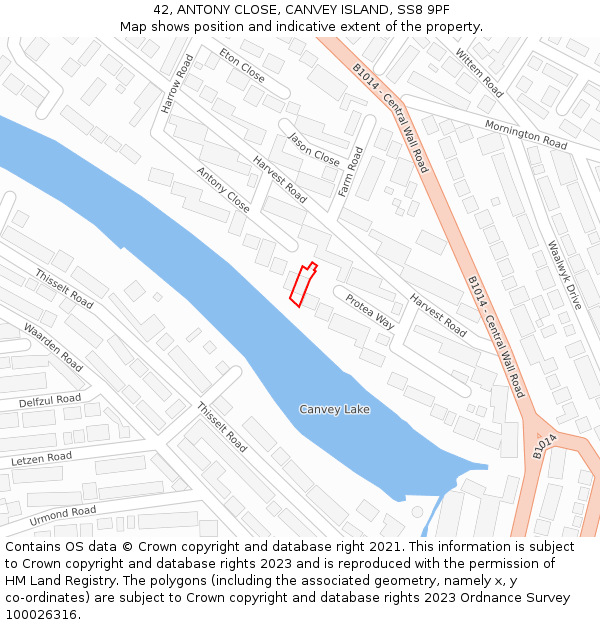 42, ANTONY CLOSE, CANVEY ISLAND, SS8 9PF: Location map and indicative extent of plot
