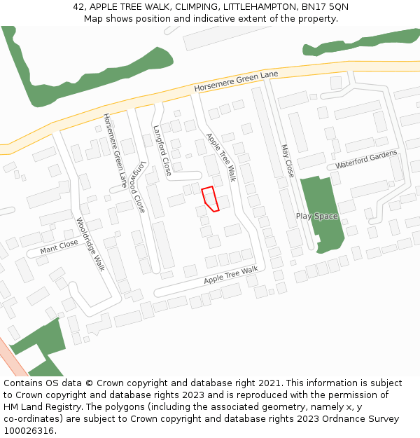 42, APPLE TREE WALK, CLIMPING, LITTLEHAMPTON, BN17 5QN: Location map and indicative extent of plot