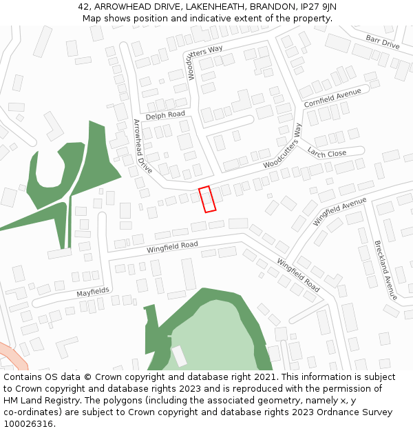 42, ARROWHEAD DRIVE, LAKENHEATH, BRANDON, IP27 9JN: Location map and indicative extent of plot