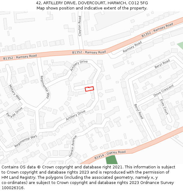 42, ARTILLERY DRIVE, DOVERCOURT, HARWICH, CO12 5FG: Location map and indicative extent of plot