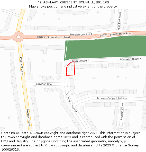 42, ASHLAWN CRESCENT, SOLIHULL, B91 1PS: Location map and indicative extent of plot