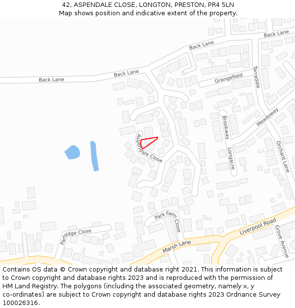 42, ASPENDALE CLOSE, LONGTON, PRESTON, PR4 5LN: Location map and indicative extent of plot