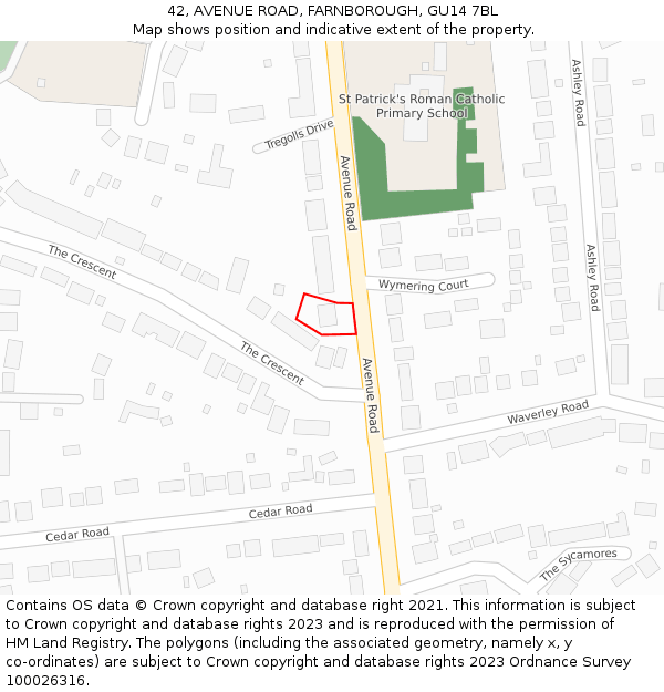 42, AVENUE ROAD, FARNBOROUGH, GU14 7BL: Location map and indicative extent of plot