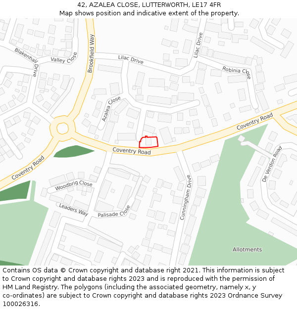 42, AZALEA CLOSE, LUTTERWORTH, LE17 4FR: Location map and indicative extent of plot